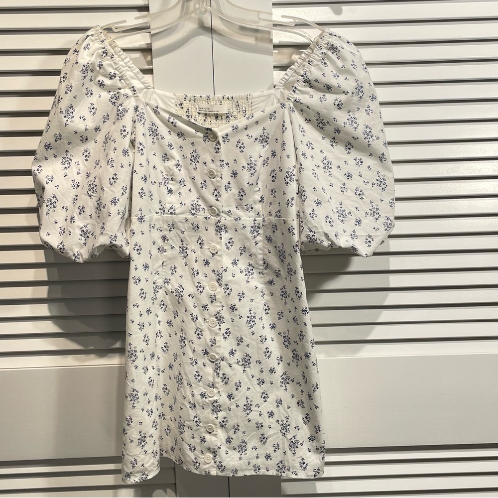 Oak + Fort Floral Print Mini Dress Square Neck Puff Sleeve Womens Size Small